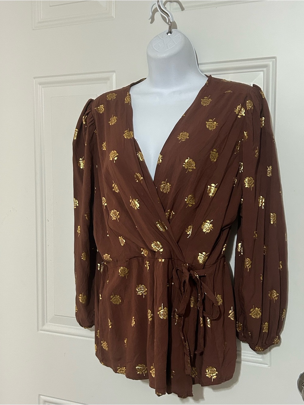 Harve Benard Brown Blouse with Metallic Gold Floral Print